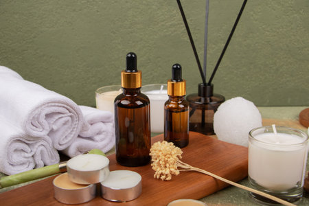 Spa still life with essential oil, candles and towels on green background