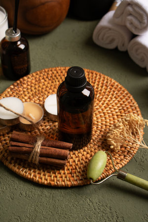 Spa still life with aroma oil, towel and herbs on color backgroundの写真素材