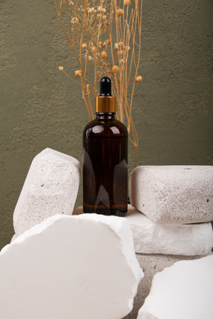Spa still life with natural cosmetic products on green wall background.の写真素材