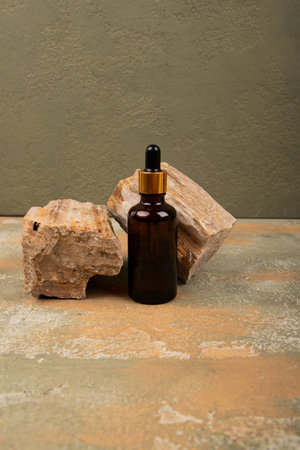 brown glass dropper bottle with pipette on stone and concrete background