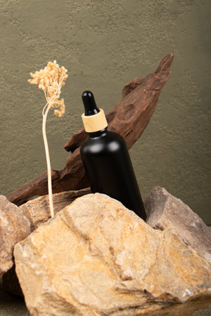 Mockup of a bottle of essential oil on a stone backgroundの写真素材