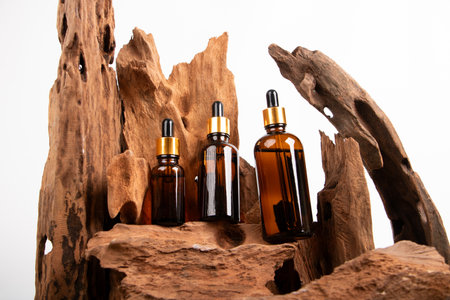 Essential oil in a glass bottle on wooden background. Natural organic cosmetics.の写真素材