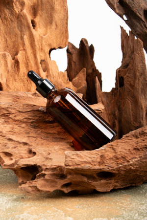 Brown glass dropper bottle with pipette on wooden background. Cosmetic productの写真素材