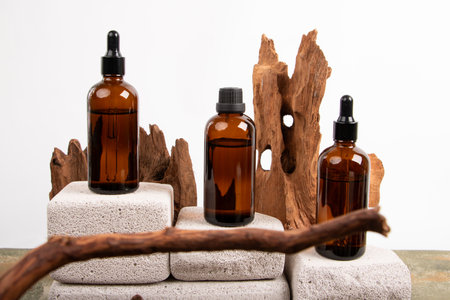 Essential oil in brown glass bottle on wooden background. Skin care conceptの写真素材
