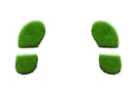 Fresh grassy footprints and dirt on a white background.の写真素材