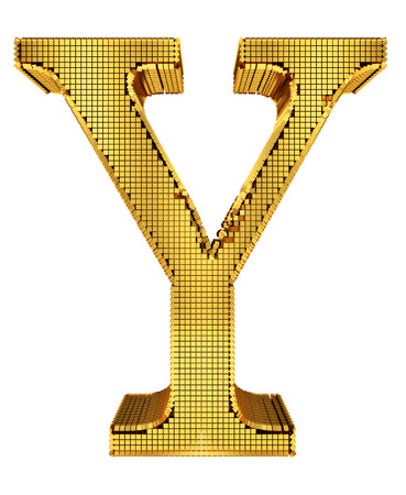 Graphical rich golden cube patterned letter isolated on white background.の写真素材