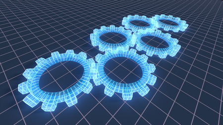 Energetic wireframe gear blueprint.