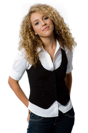 A pretty teenage girl with great hair on white backgroundの写真素材