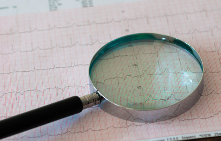 magnifying glass on an EKG result laid on a tableの写真素材