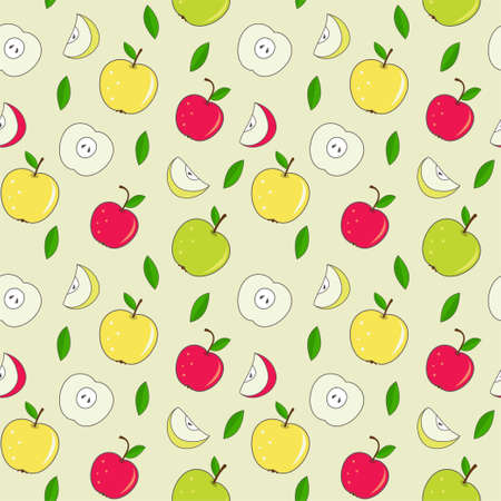 Seamless apple pattern on a light background. Plenty of colorful fruits and leaves. Whole apples, halves and quarters. Graphic design.のイラスト素材