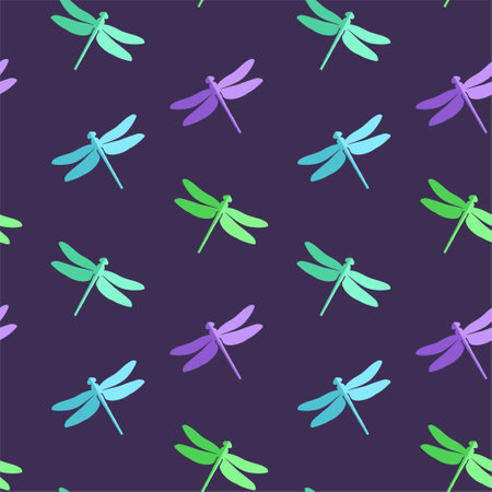 Dragonfly seamless pattern. Green, blue, purple and cyan insects on the purple background. vector design.のイラスト素材