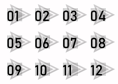 Black and white bullet points arrows, numbers from 1 to 12. Infographics. vector design.のイラスト素材