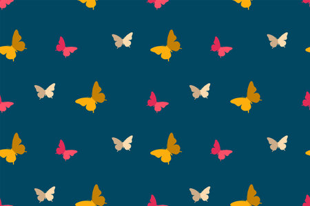 Butterfly seamless pattern. Yellow, pink and white butterflies on the dark blue background. vector design.のイラスト素材