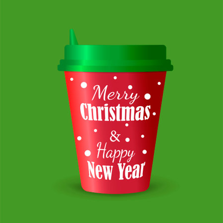 Christmas cup wishing Merry Christmas and Happy New Year. Green, red and white. vector design.のイラスト素材