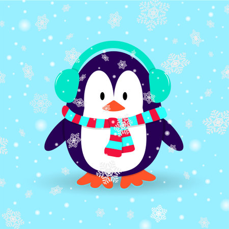 Penguin in winter with earmuffs and scarf and snowflakes falling down. Cartoon vector design.のイラスト素材
