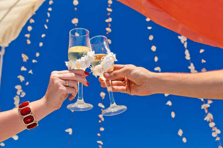 Newlyweds are celebrating their marriage with champagneの写真素材