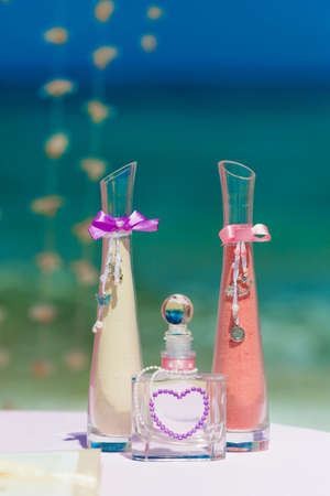 Accessory kit for a wedding is on the shores of the Caribbean Sea.の写真素材