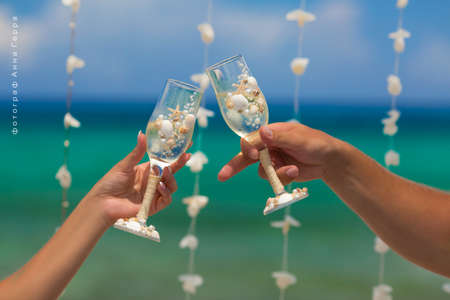 Newlyweds are celebrating their marriage with champagneの写真素材