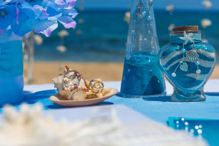 Accessory kit for a wedding on the shore of the caribbean seaの写真素材
