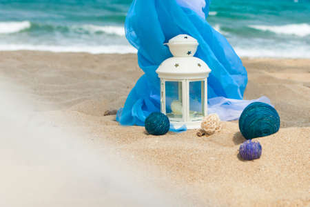 Accessory kit for a wedding is on the shores of the Caribbean Sea.の写真素材