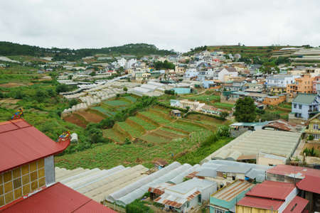DA LAT, VIETNAM - JUNE 23, 2016: The top view on agricultural sites and local houses in the city at cloudy day. Forest are on the background.のeditorial素材