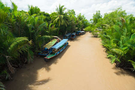HO CHI MINH CITY, VIETNAM - JUNE 26, 2016: Empty boats are parked near the coastline of  the tropical river with muddy water on a mooring at vietnamese village. View to the jungle at summer sunny dayのeditorial素材
