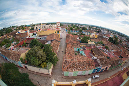TRINIDAD, CUBA - OCTOBER 30, 2014: Bird's-eye view from main chapel to roofs of ancient houses, central square, buildings and streets in the city center at summer dayのeditorial素材