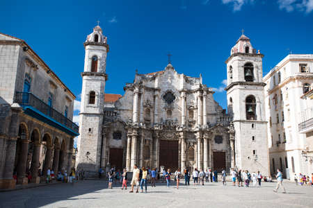 HAVANA, CUBA - FEBRUARY 14, 2015: Architecture of Cathedral of San Cristobal on a central square of Havana city. Tourists are walking around at summer sunny day.のeditorial素材