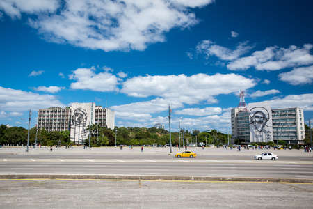 HAVANA, CUBA - FEBRUARY 20, 2015: Central square of revolution in Havana at summer sunny day with clear blue sky. Portraits of Che Guevara and Fidel Castro are on high buildings.のeditorial素材
