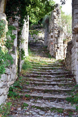 KOTOR, MONTENEGRO - NOVEMBER 13, 2014: Ladder up with the stone floor and walls which have grown with greens and leaves. The sun shines on the rightのeditorial素材