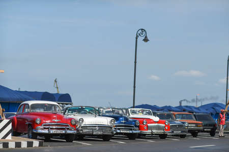 HAVANA, CUBA - NOVEMBER 07, 2016: Panoramic view variety of bright colorful cabriolets on parking lot in pier at Havanaのeditorial素材