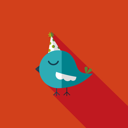 bird with birthday hat flat icon with long shadowのイラスト素材