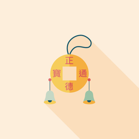 Chinese New Year flat icon with long shadow, Ancient Coins lucky pendant means " wish good luck and fortune comes."のイラスト素材
