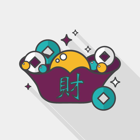 Chinese New Year flat icon with long shadow, Gold ingot with Chinese words means \" wish good luck.\"のイラスト素材
