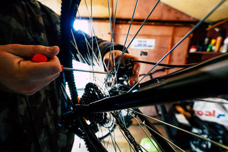 Close up of adjustment of a bicycle rear disc break.の写真素材