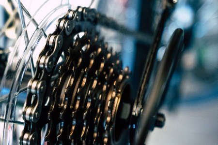 Rear mountain bike cassette with chain close upの写真素材