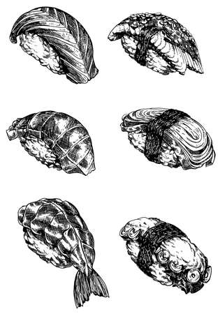 Black and white set of Nigiri Sushi Food. Japanese food sushi. Hand drawn sketch food.のイラスト素材