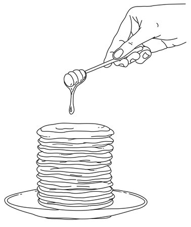 Vector vintage pancake drawing. Hand drawn food illustration. Sketch of Pancakes with honeyのイラスト素材
