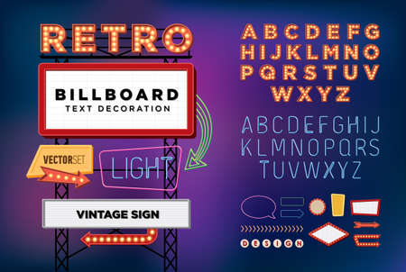 Vector set Retro neon sign vintage billboard bright signboard light bannerのイラスト素材