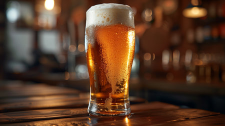 Glass of beer on wooden table in pub, closeup. alcohol drinkの素材