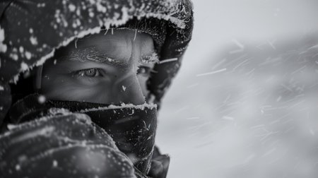 Young man in winter coat and scarf with snowflakes looking at cameraの素材