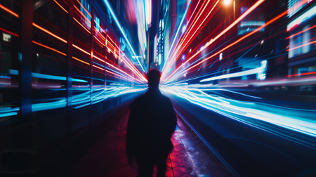 Man walking in the city at night with motion blur, long exposureの素材