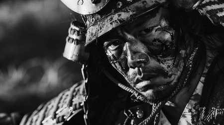 Close-up portrait of a man in a military uniform of the World War II on the battlefield. Black and white photo.の素材