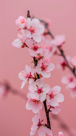 cherry blossom branch on pink background with copy space for textの素材