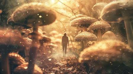 Fantasy forest mushrooms with magic bokeh lights. Fairy tale concept.の素材