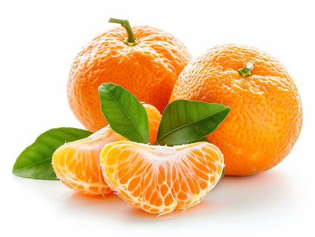 Ripe tangerines with leaves isolated on a white background.の素材