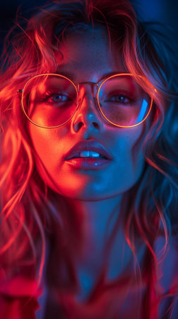 Portrait of a beautiful young woman with long blonde hair in glasses.の素材