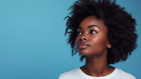 Beautiful african american woman with afro hairstyle on blue backgroundの素材