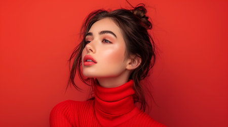Portrait of a beautiful young woman in red sweater on a red backgroundの素材