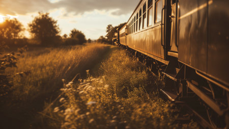 Train on the railway in the meadow at sunset. Vintage styleの素材